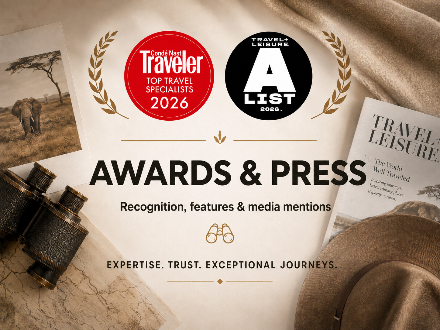 Safari Awecrafters Awards and Press featuring Condé Nast Traveler Top Travel Specialists 2026 and Travel + Leisure A-List 2026